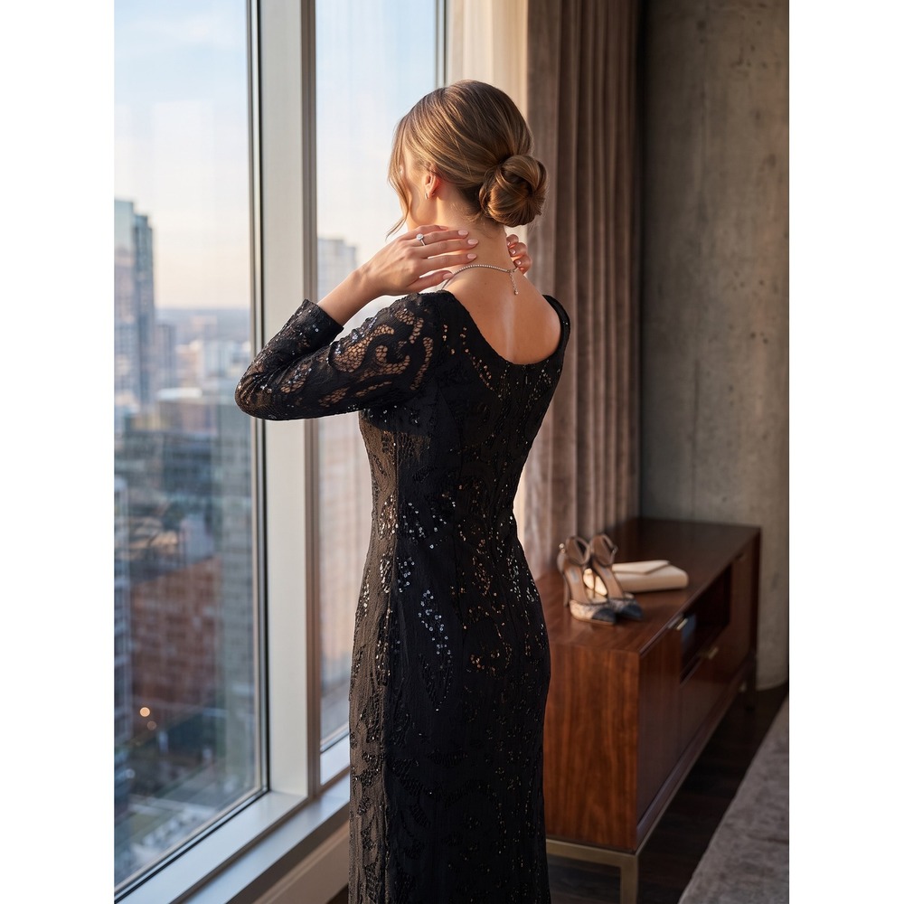 Elegant Adrianna Papell Sequin Lace Mermaid Gown Size 2 Black Formal Dress